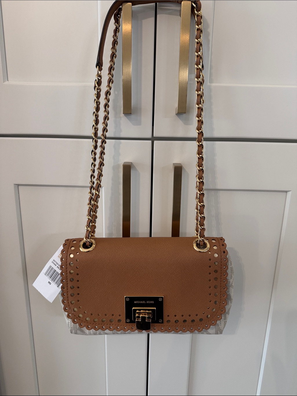Michael Kors Tan Scalloped Leather Crossbody With Gold Chain